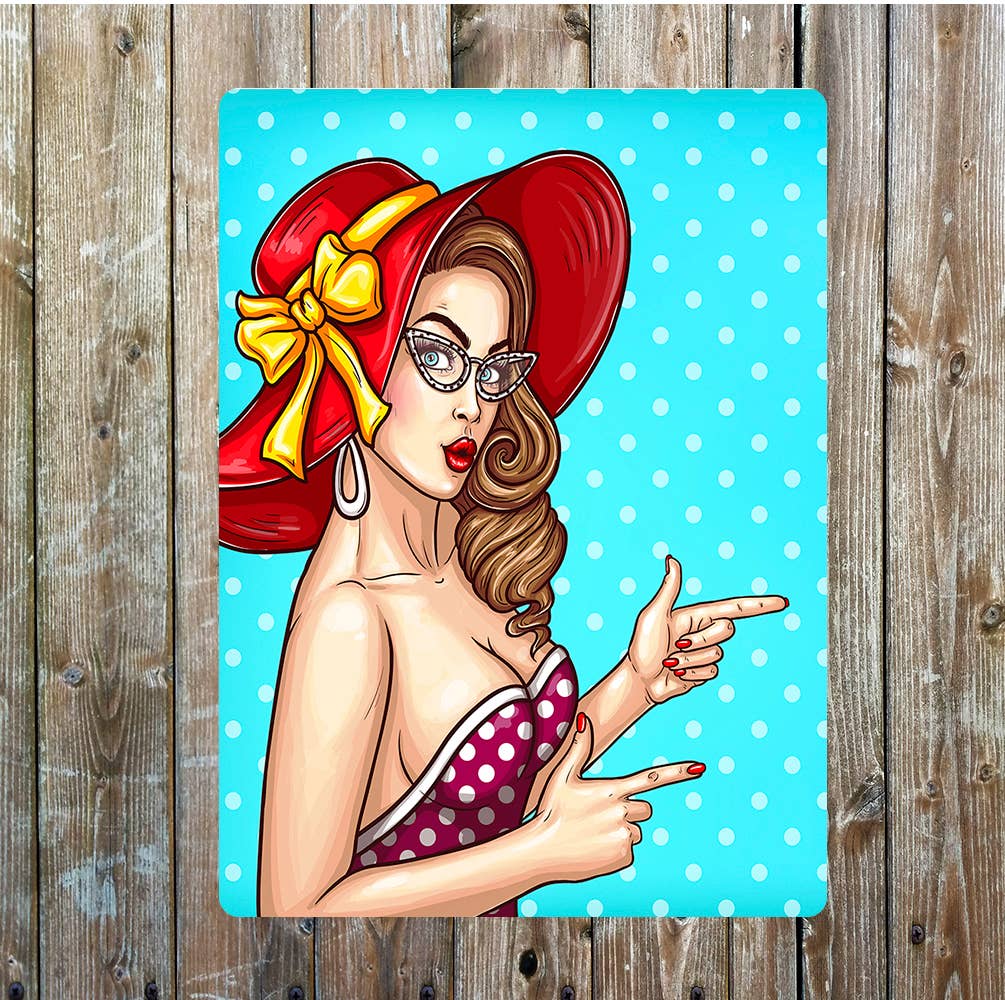 Pin Up Girl Polka Dot Dress Sun Hat Metal Sign Plaque