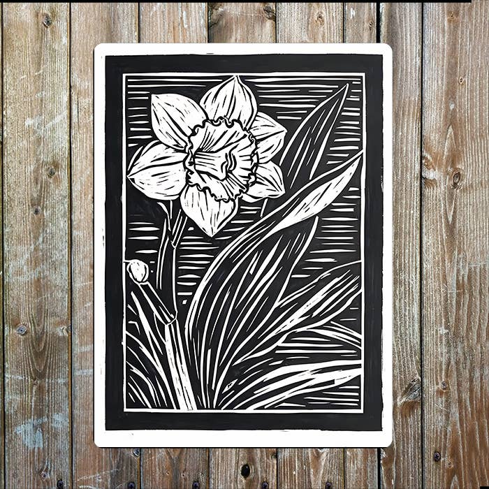 Daffodil Flower Linocut Style | Metal Sign Plaque