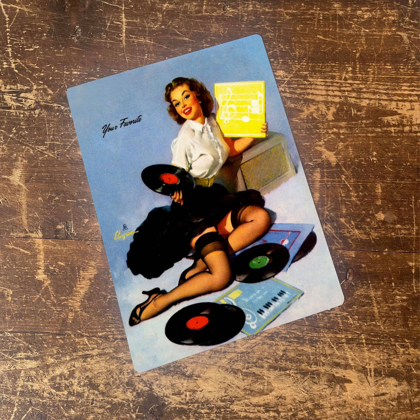Pin Up Girl Music Record Player Metal Sign