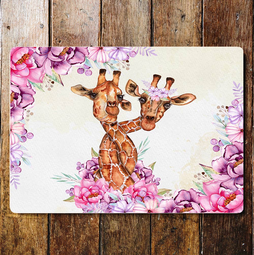 Two Entwined Giraffes Pink Flowers | Metal Sign Plaque