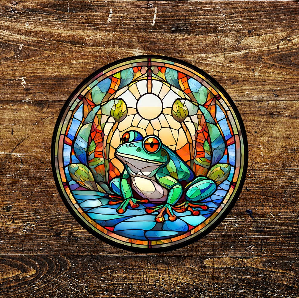 Frog Bright Stained Glass affect Circle Metal Sign
