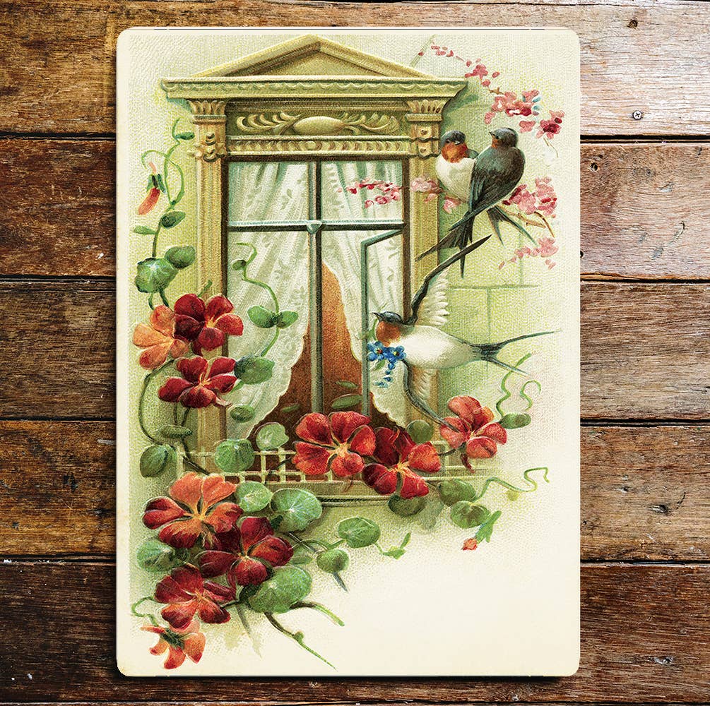 Window Balcony Birds Rd Flowers | Metal Wall Sign Plaque