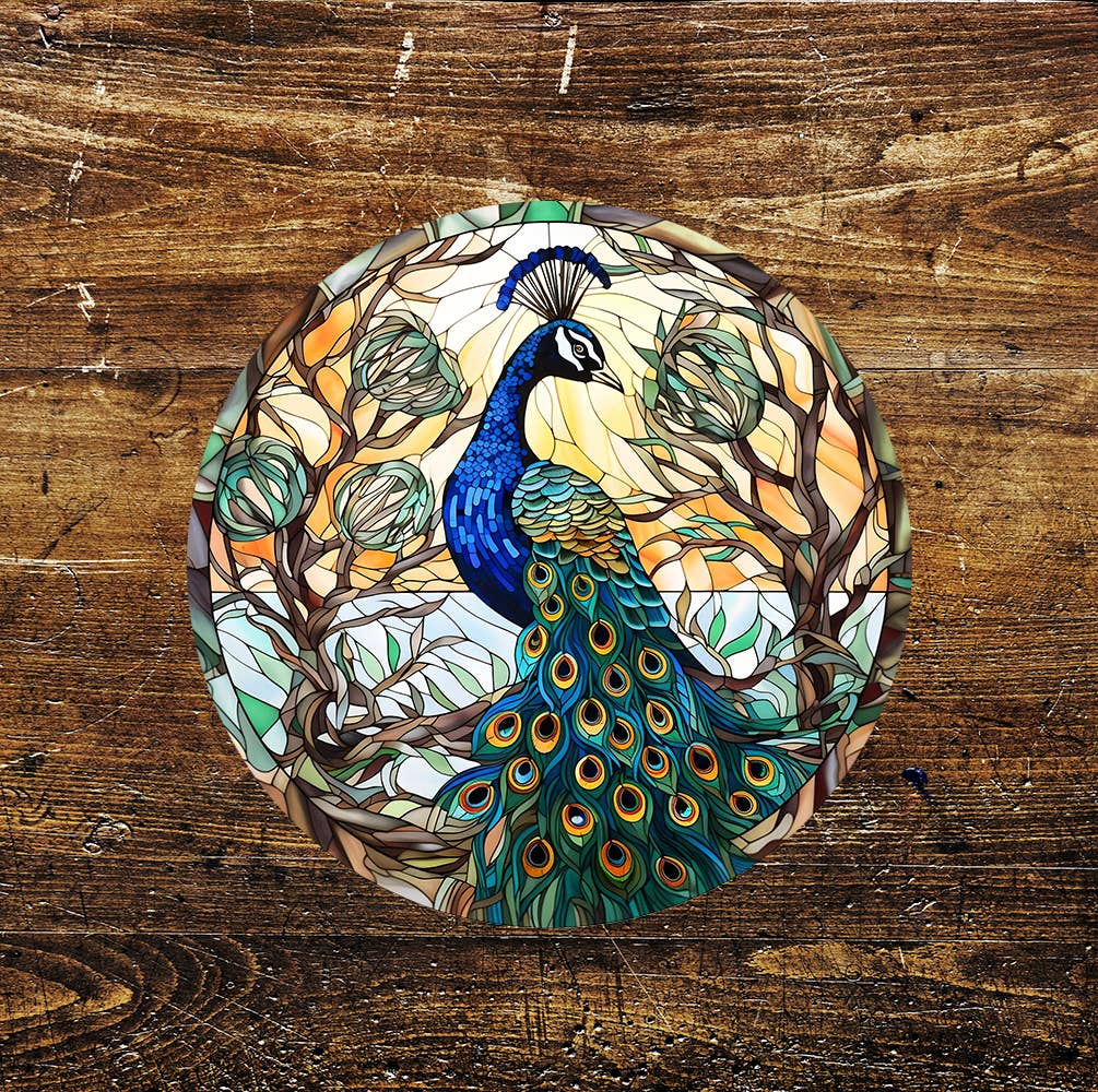 Peacock Bird Stained Glass affect Metal Sign Circle
