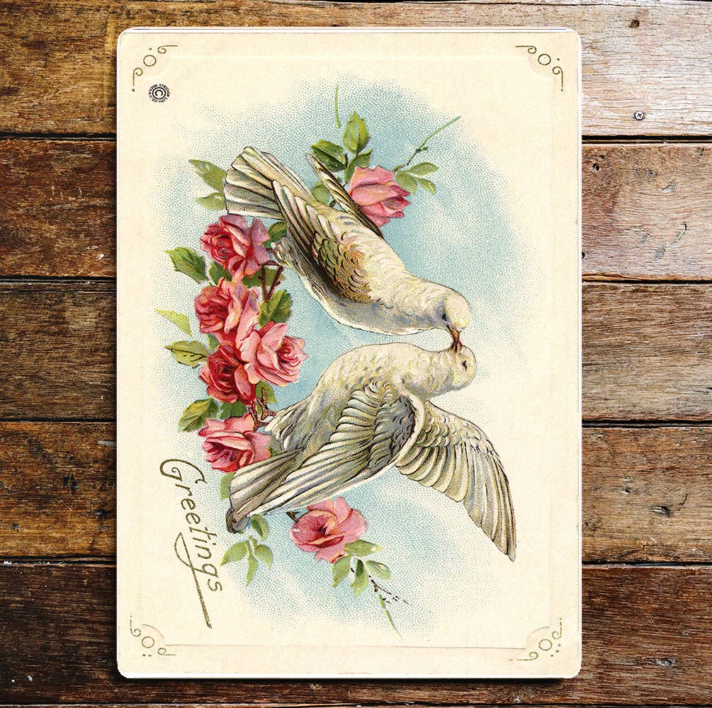 Two Kissing Doves Roses Red | Metal Wall Sign Plaque