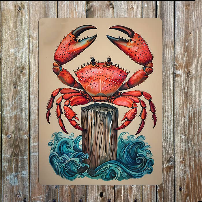 Crab On Post Seaside Sea Nautical | Metal Sign Plaque