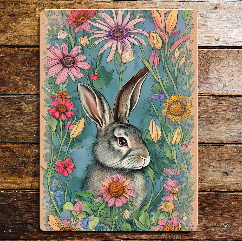 Rabbit Hiding In Wild Flowers Metal Sign Plaque