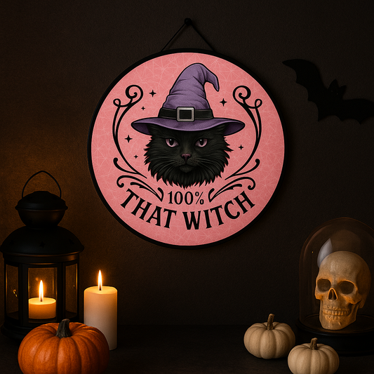 100% That Witch Spooky Halloween Pub Bar Circle Metal Sign