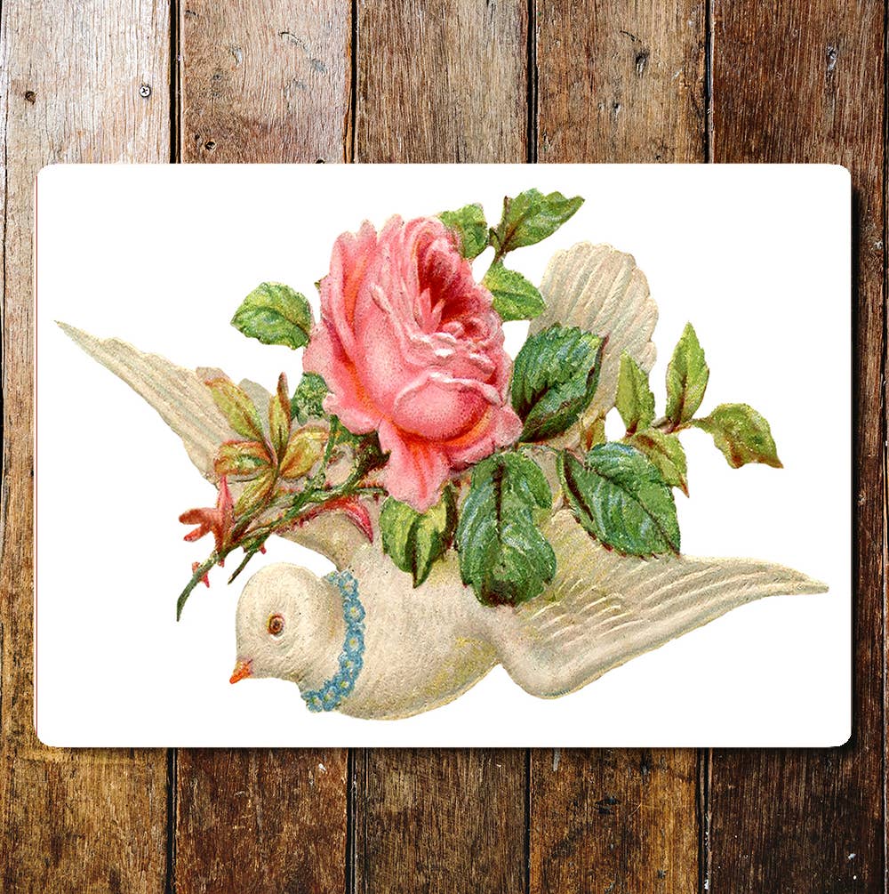 White Flying Dove Pink Rose Stems | Metal Sign Plaque