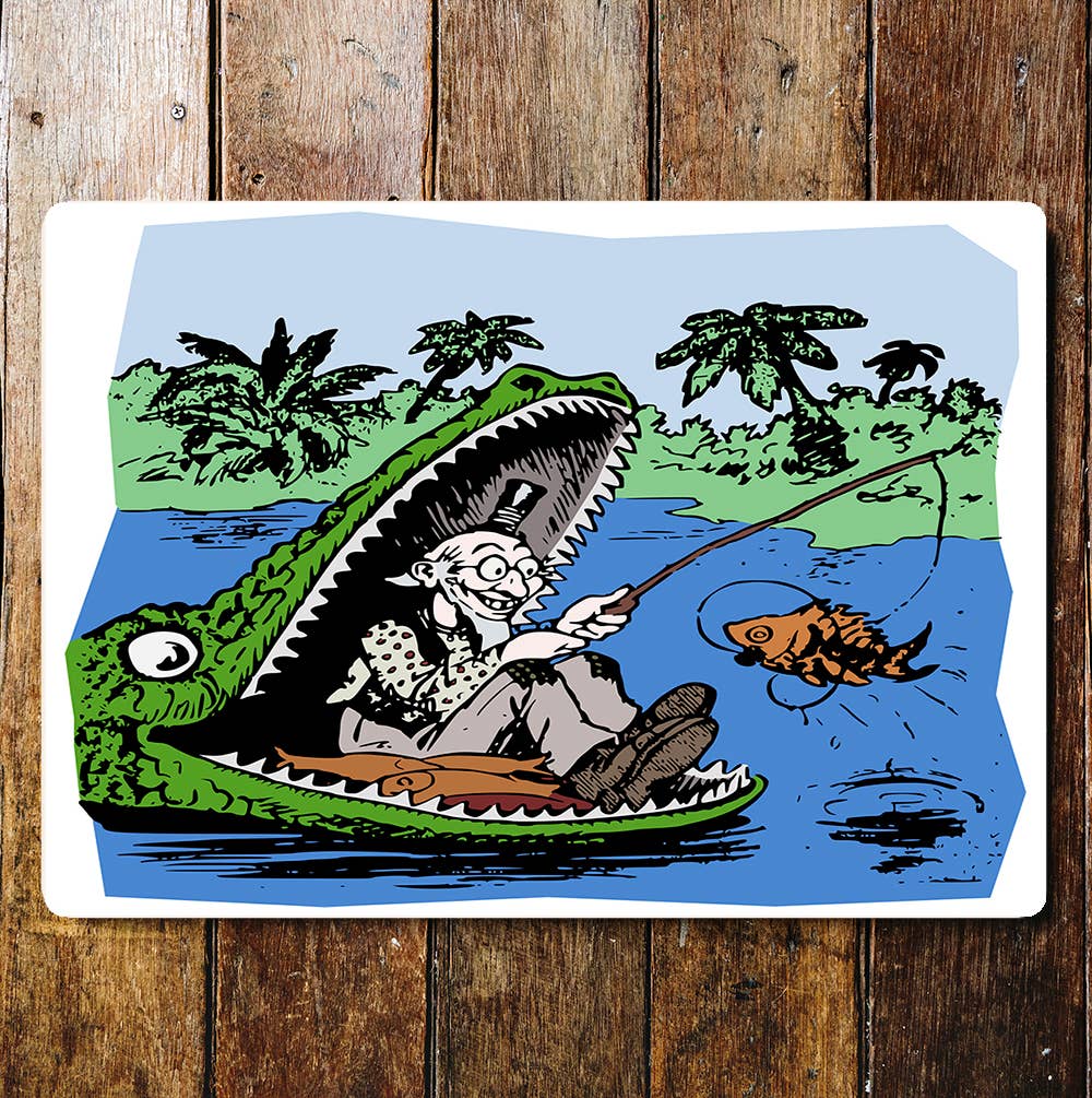 Man Sitting In Crocodile Mouth Fishing | Metal Sign plaque