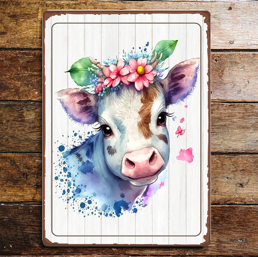 Brown White Cow Head Flowers Eyelashes | Metal Sign Plaque