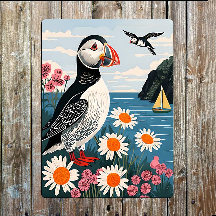 Vibrant Beach Coast Puffin Sea Nautical | Metal Sign Plaque