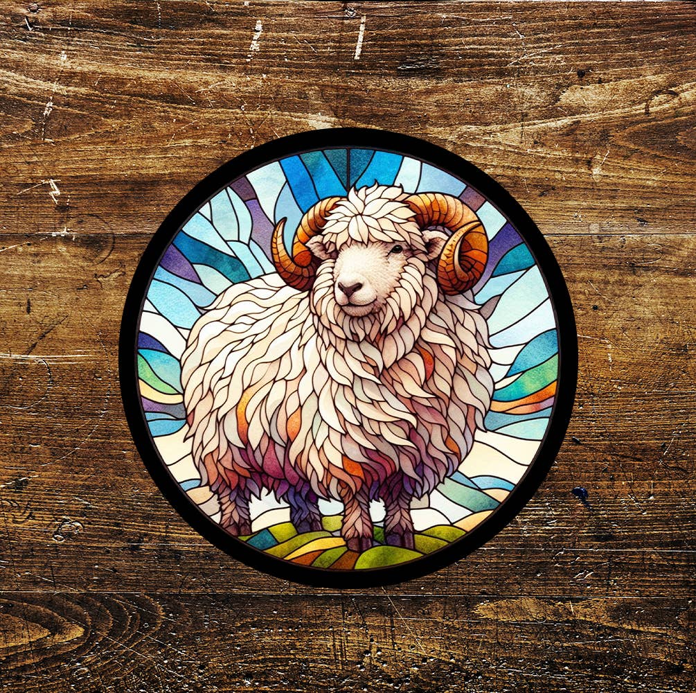 Ram Aries Stained Glass Affect Circle Metal Sign