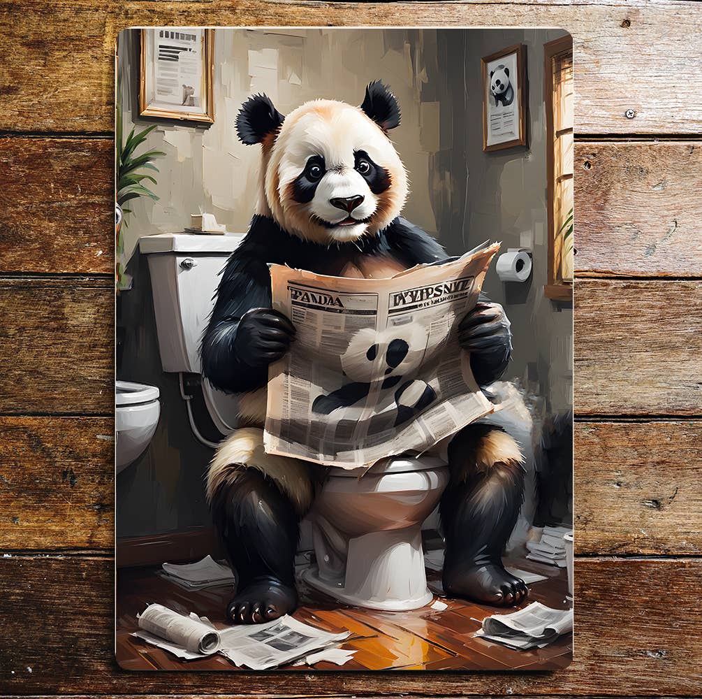 Panda reading On the Toilet Bathroom | Metal Sign Plaque