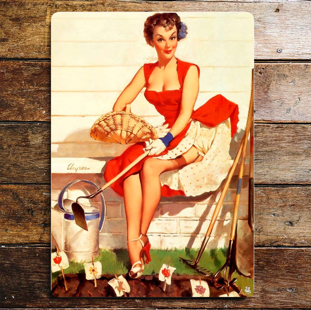 Pin Up Girl In Garden Metal Personalised Art Wall Sign