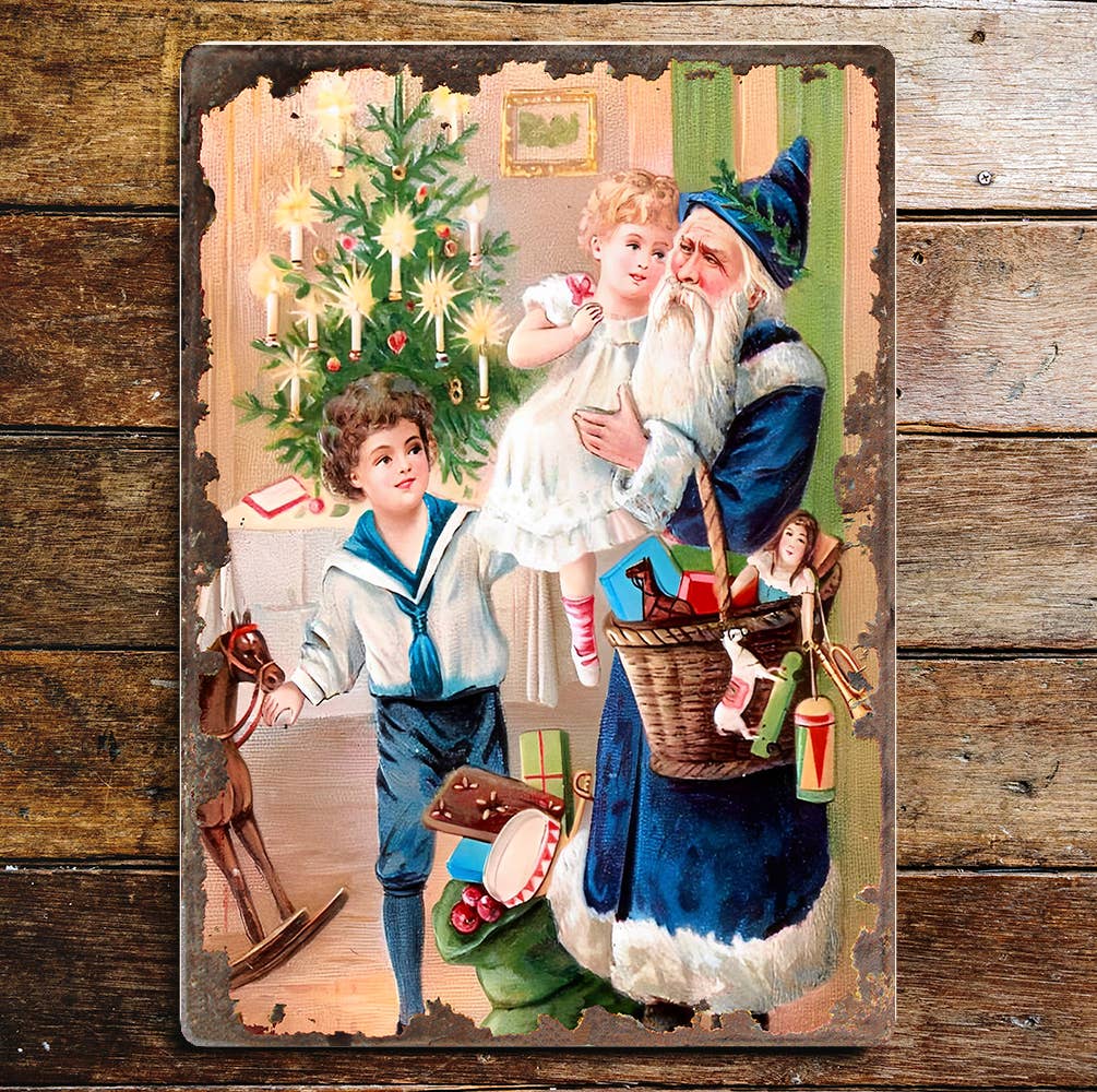 Vintage Santa Blue Christmas | Metal Vintage Wall Sign