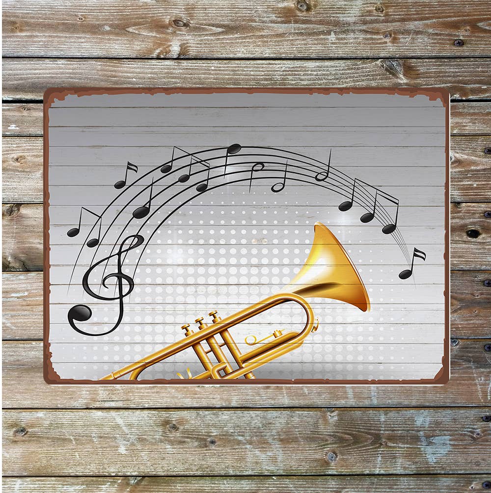Golden trumpet with music notes | Metal Sign Plaque