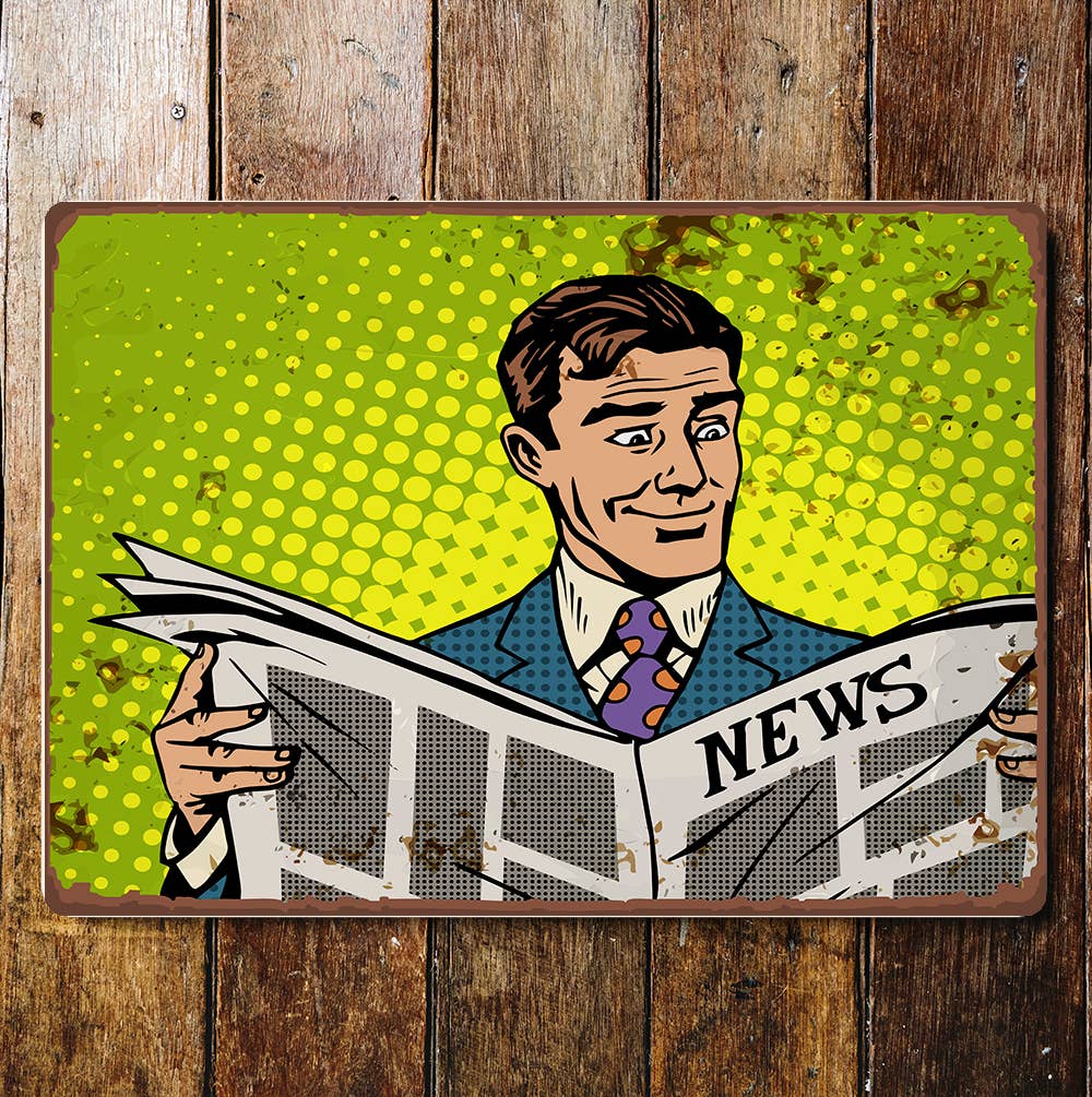 pop art news paper reading man Metal Wall Sign Plaque