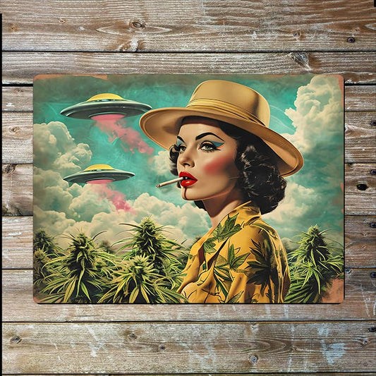 Vintage Woman Smoking Near Cannabis UFO | Metal Sign Plaque