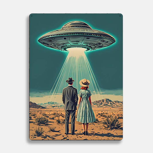 Vintage Man and Woman Gazing at UFO Alien | Metal Sign Plaque