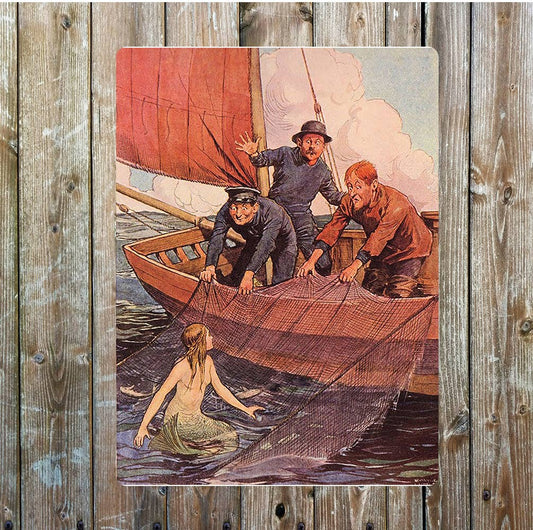 Mermaid and fishermen vintage art | Metal Sign Plaque