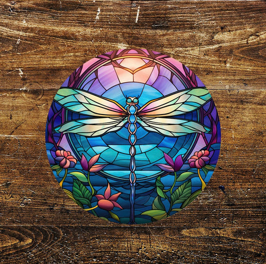 Dragonfly Green Blue Stained Glass affect Circle Metal Sign