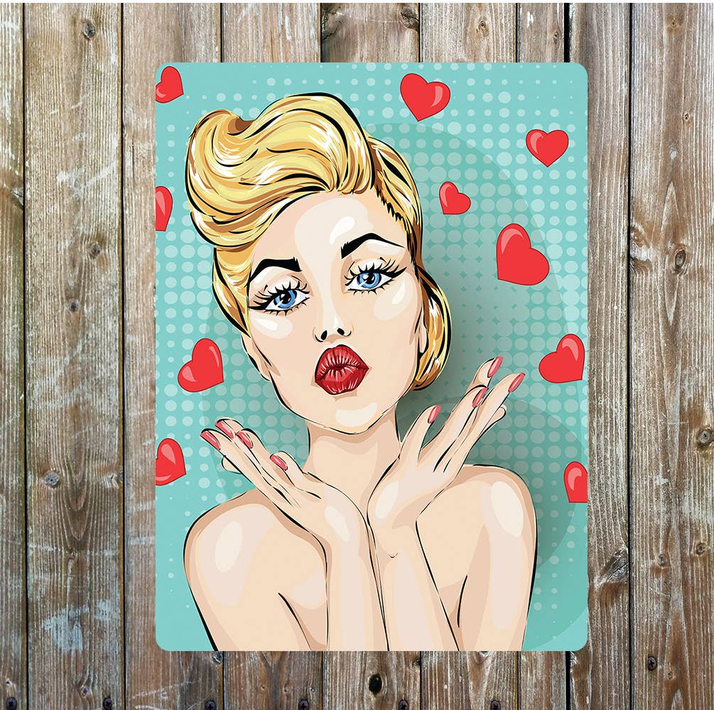 Pin Up Girl Kisses Love Hearts Valentine Metal Sign Plaque