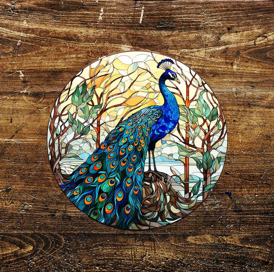 Peacock Bird Stained Glass affect Metal Circle Sign
