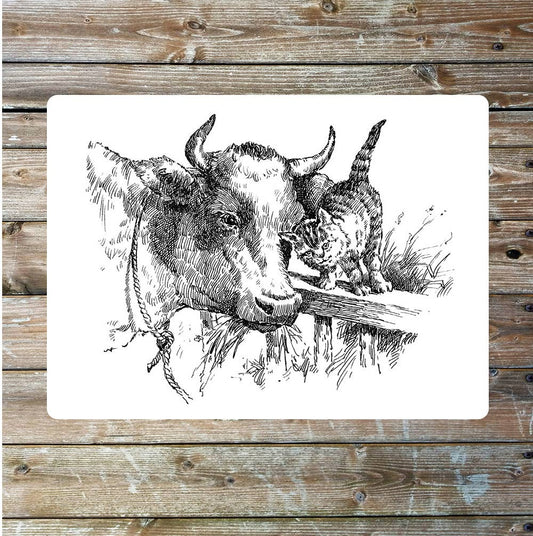 Vintage farmhouse cow and cat art | Metal Sign Plaque