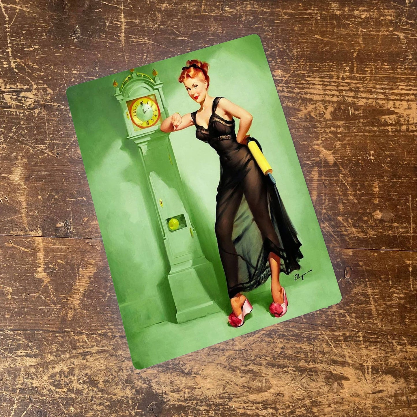 Pinup Girl Green Clock Metal Humour Wall Sign
