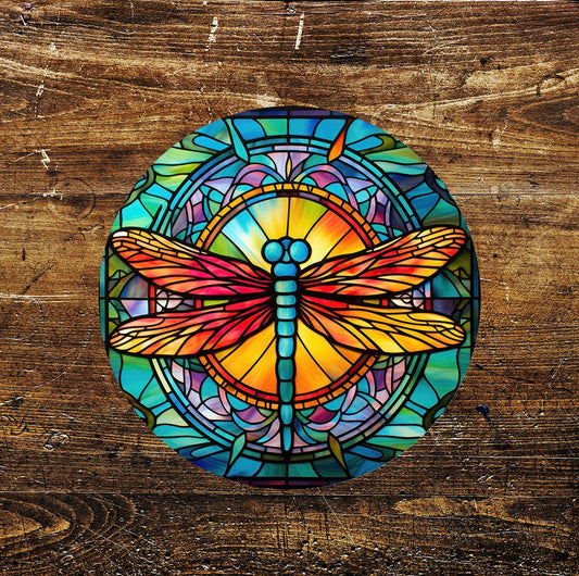 Dragonfly red Stained Glass affect Circle Metal Sign