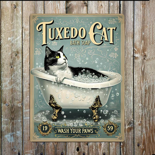 Tuxedo Cat Wash Your Paws | Bathroom | Metal Sign Plaque