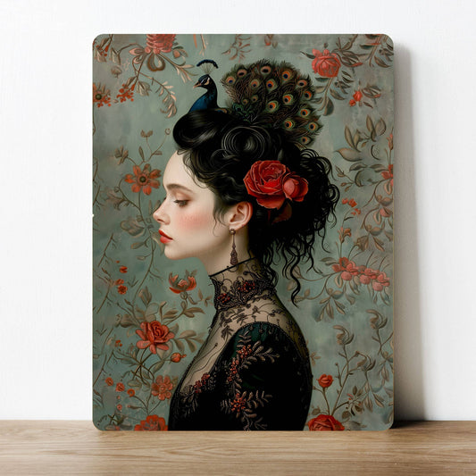 Floral Lady Vintage Peacock | Metal Sign Plaque
