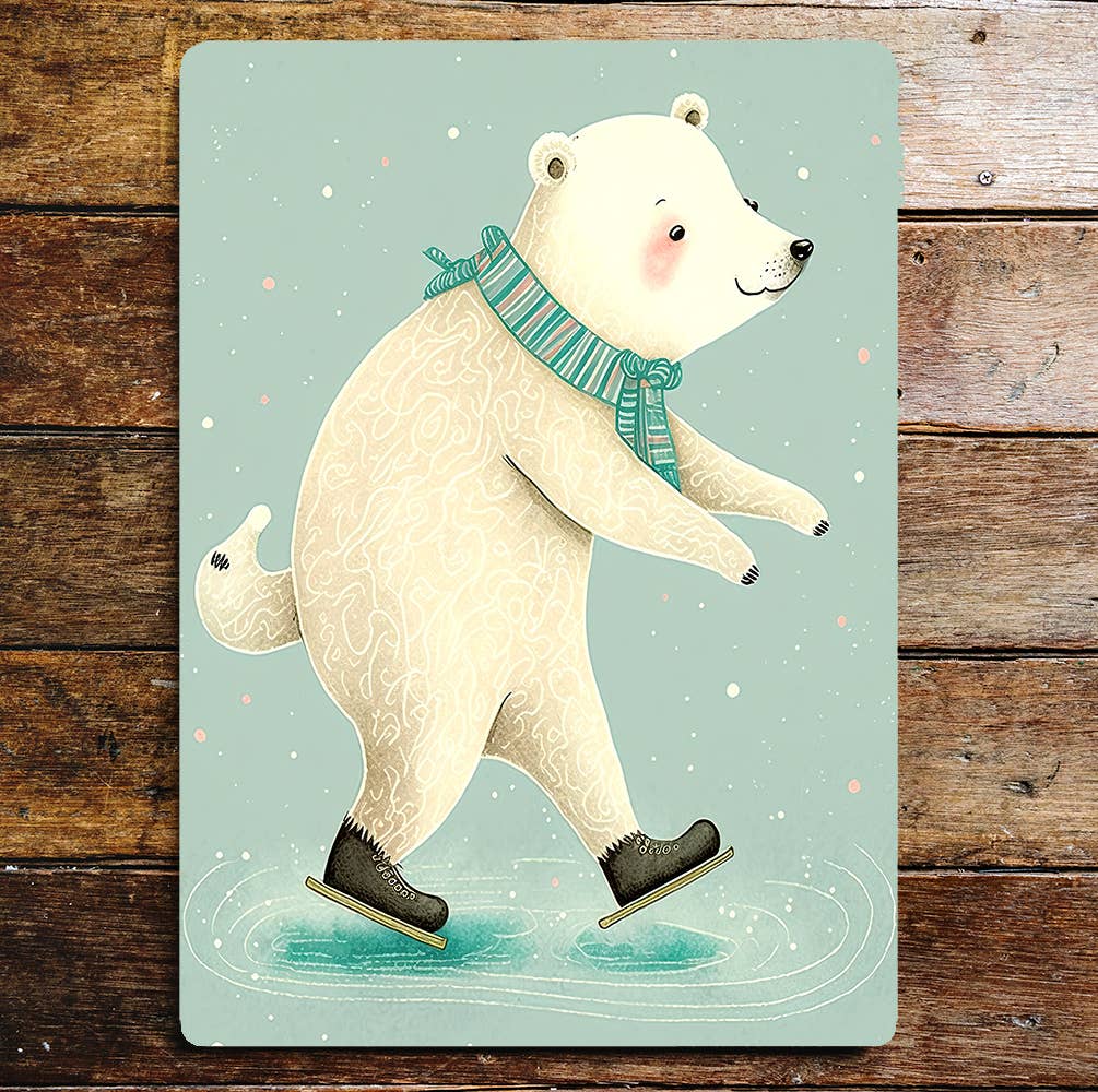 Polar Bear Ice Skating Stripy Scarf Metal Sign Plaque