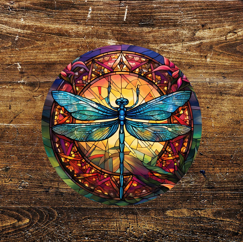 Dragonfly blue Stained Glass Mural affect Metal Sign Circle