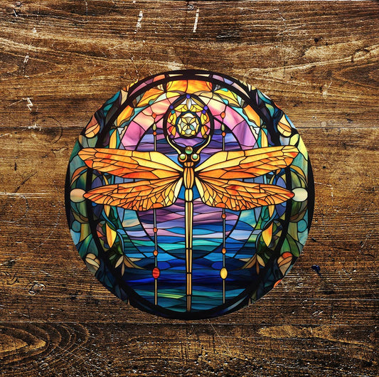 Orange Dragonfly Stained Glass affect Circle Metal Sign