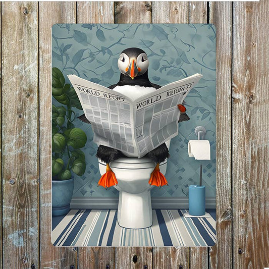 Puffin Reading Newspaper Toilet Bathroom Metal Sign Plaque
