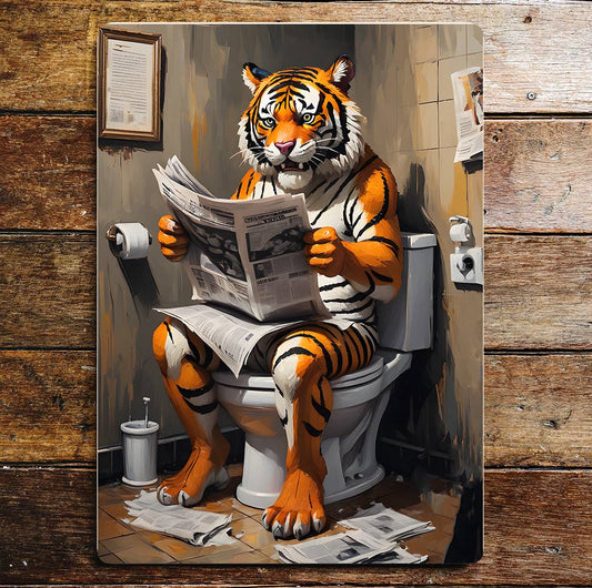 Tiger Newspaper On the Toilet, Bathroom | Metal Sign