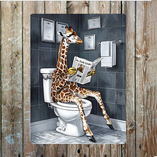Giraffe Reading Newspaper Toilet Bathroom | Metal Sign Plaque