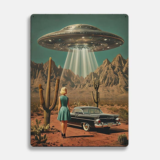 1950s Desert Scene With UFO Alien | Metal Sign Plaque