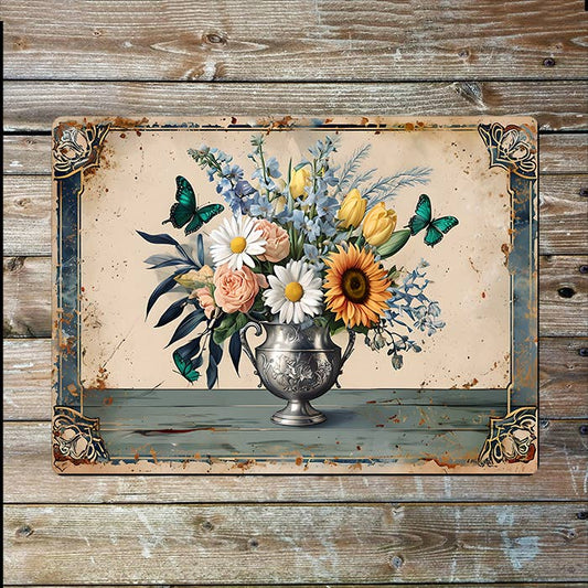 Botanical Floral Bouquet In Vase Vintage | Metal Sign Plaque