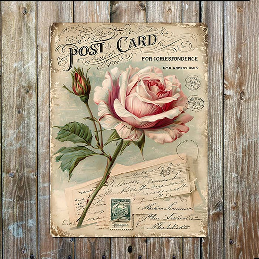 Vintage Postcard Featuring Pink Rose | Metal Sign Plaque