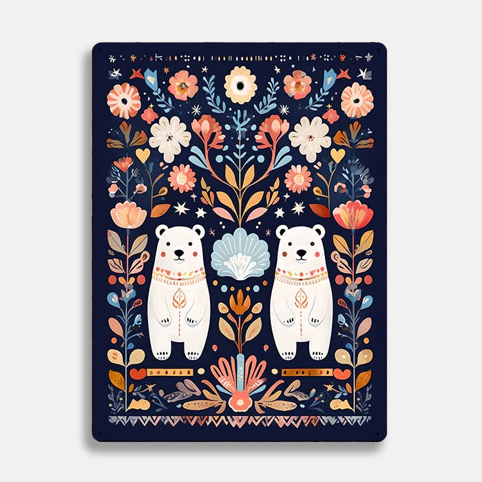 Flowers 2 Polaar Bears scandinavian folk | Metal Sign Plaque