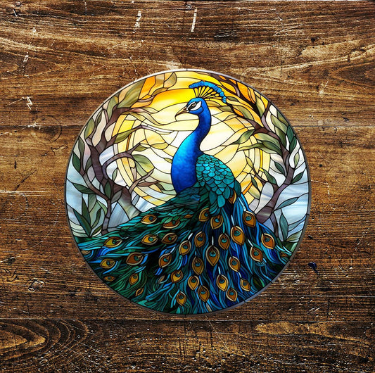 Peacock sun bird Stained Glass affect Circle Metal Sign