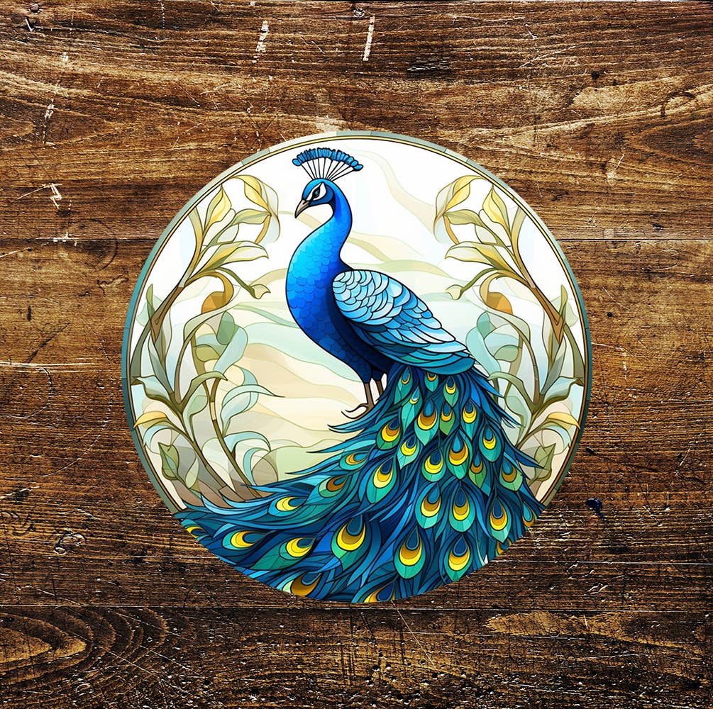 Peacock feathers Stained Glass affect Circle Metal Sign