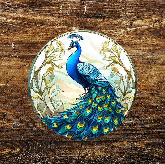 Peacock feathers Stained Glass affect Circle Metal Sign
