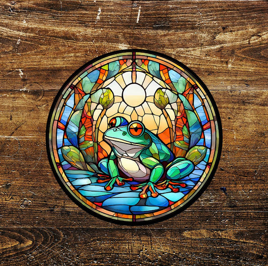 Frog Bright Stained Glass affect Circle Metal Sign