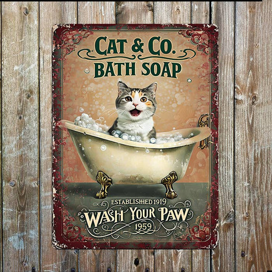 Wash Your Paws Cat | Bathroom Rustic | Metal Sign Plaque