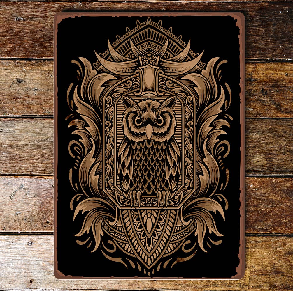 ornamental gold owl | Metal Wall Sign Plaque