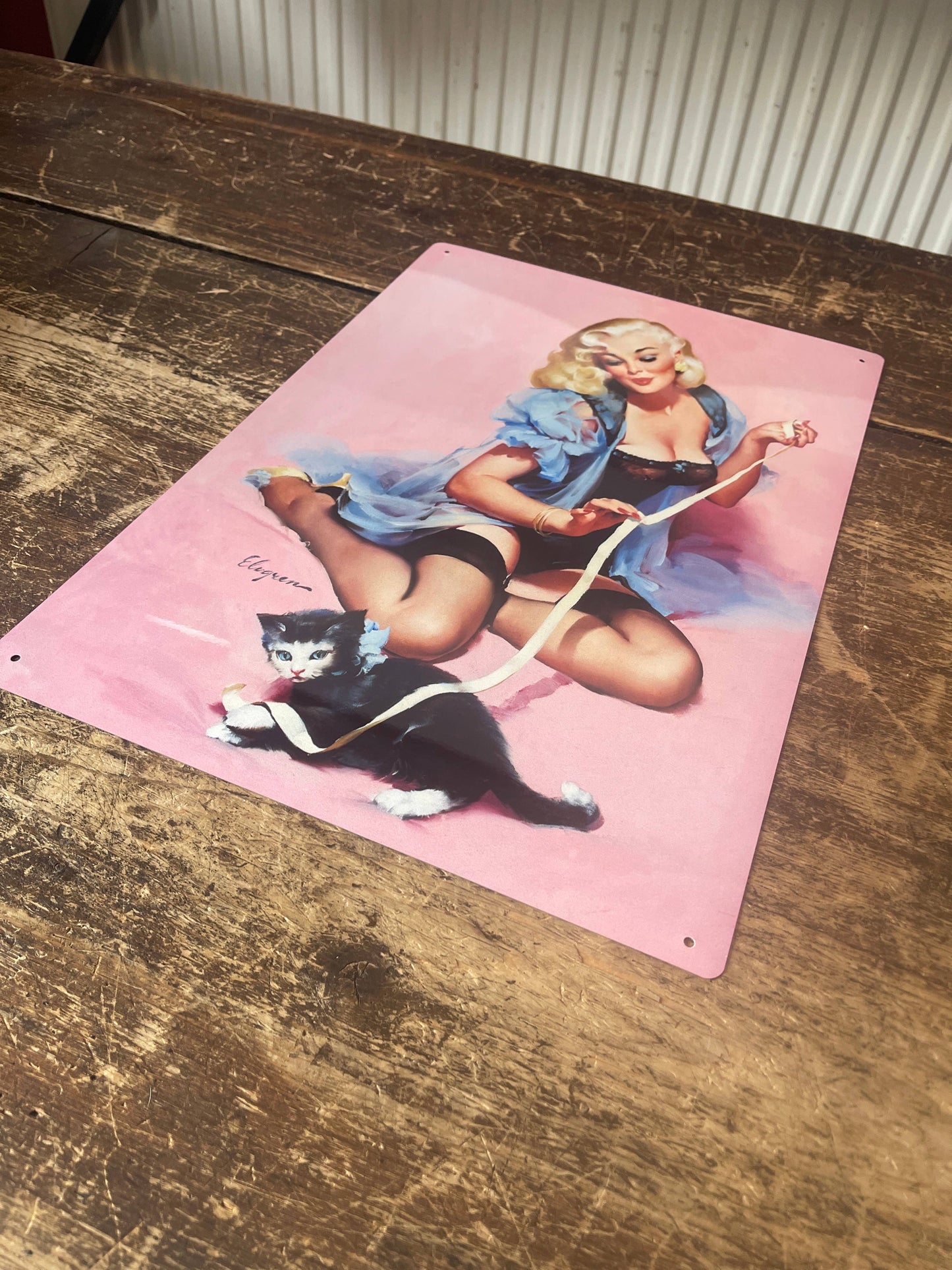 Pin Up Girl Pink Kitten Metal Personalised Art Wall Sign