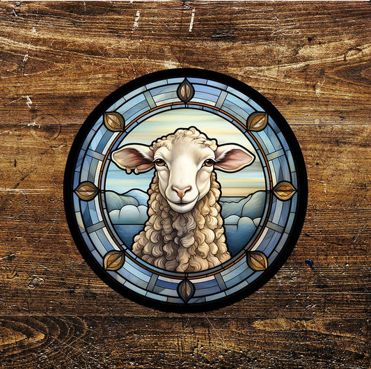 Sheep Farm Animal Stained Glass Affect Circle Metal Sign